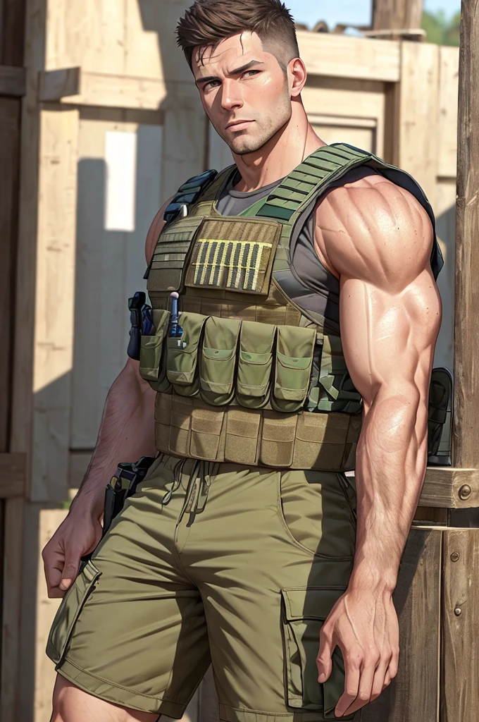 (realistic skin texture:1.2), (realistic skin pores:1.2), handsome face, (close up shot:0.7), at outdoor military base, sweaty:1.2, , wearing military shorts, (wearing open SWAT vest:1.1), confident, handsome, (((masterpiece))), (((best quality))), large pectorals, big muscles:0.5, male, lower color saturation:1, lower contract color:1, markdaltonxxxV2Update