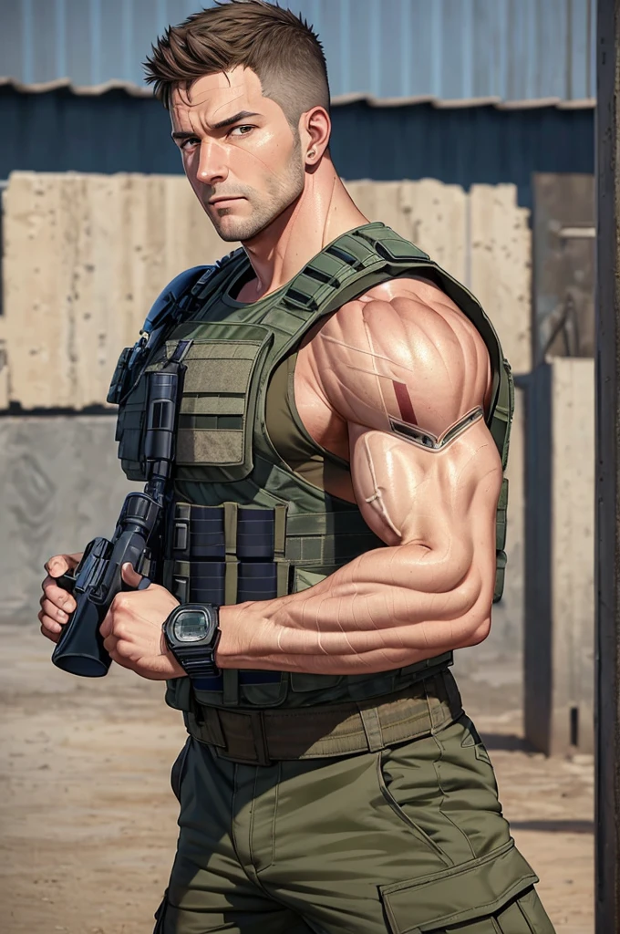 (realistic skin texture:1.2), (realistic skin pores:1.2), handsome face, (close up shot:0.7), at outdoor military base, sweaty:1.2, , wearing military shorts, (wearing open SWAT vest:1.1), confident, handsome, (((masterpiece))), (((best quality))), large pectorals, big muscles:0.5, male, lower color saturation:1, lower contract color:1, markdaltonxxxV2Update