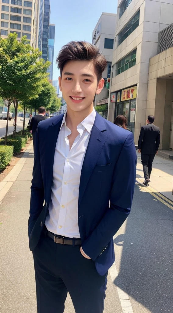 1boy, 26 years old Asian male, (male:1.5), big eyes, detailed eyes, fine face, (very short hair: 1.3), under_cut, ((shirt)), ((suit)), (handsome, sharp), smile,))), (stout muscular body), (stout physique), outdoors, detailed background, modern city, real image, empty street