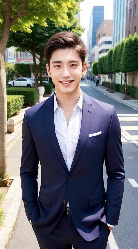 1boy, 26 years old Asian male, (male:1.5), big eyes, detailed eyes, fine face, (very short hair: 1.3), under_cut, ((shirt)), ((suit)), (handsome, sharp), smile,))), (stout muscular body), (stout physique), outdoors, detailed background, modern city, real image, empty street