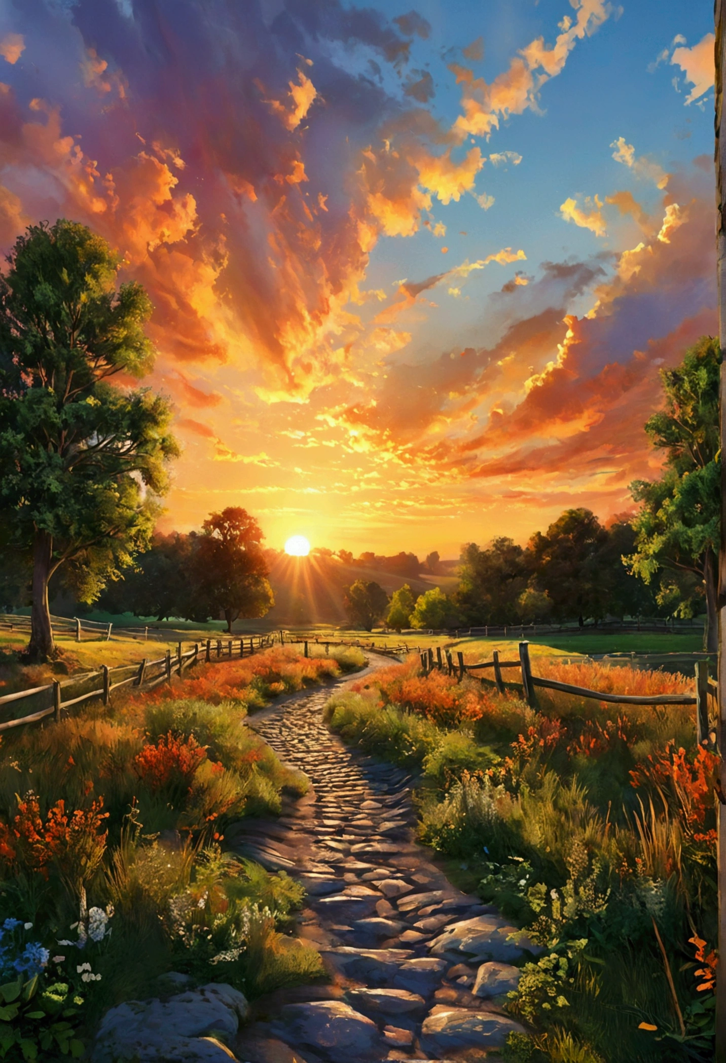 Please draw a landscape of pastureland. The meadow is lined with detailed wooden fences and the road is a textured stone path. Dappled light falls through the leaves, and the sun shining through the trees creates beautiful patterns on the ground. The sky is tinted with brilliant sunset hues, spreading warm sunset colors.

 Gentle waves lapping at the shore and misty morning fog drifts in the air. glossy ceramic cups are placed on wooden tables, the tables are solid wood with a visible grain of detail. The table is decorated with polished wooden tables with a solid wood grain.

 The style is 50% anime style, 70% realistic details, and the overall color palette is warm palette with vivid colors. In addition, add empasize intricate textures, highlight facial features, and enhance background details.