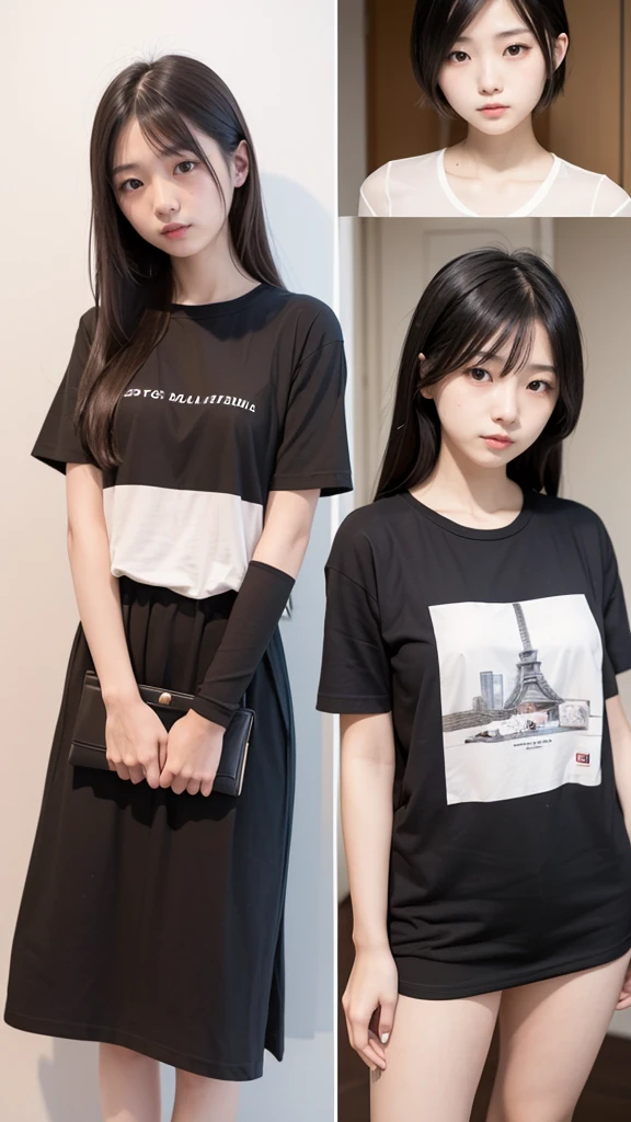 japanese woman, 20 years old, slender, thin, young adult, black hair, black eyes, detailed skin, T-shirt, skirt