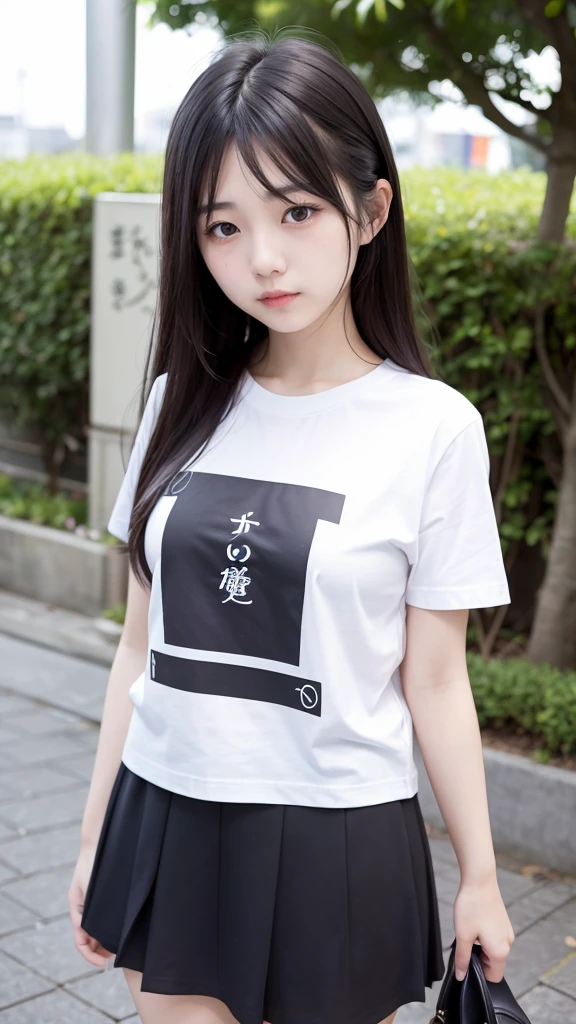 japanese woman, 20 years old, slender, thin, young adult, black hair, black eyes, detailed skin, T-shirt, skirt