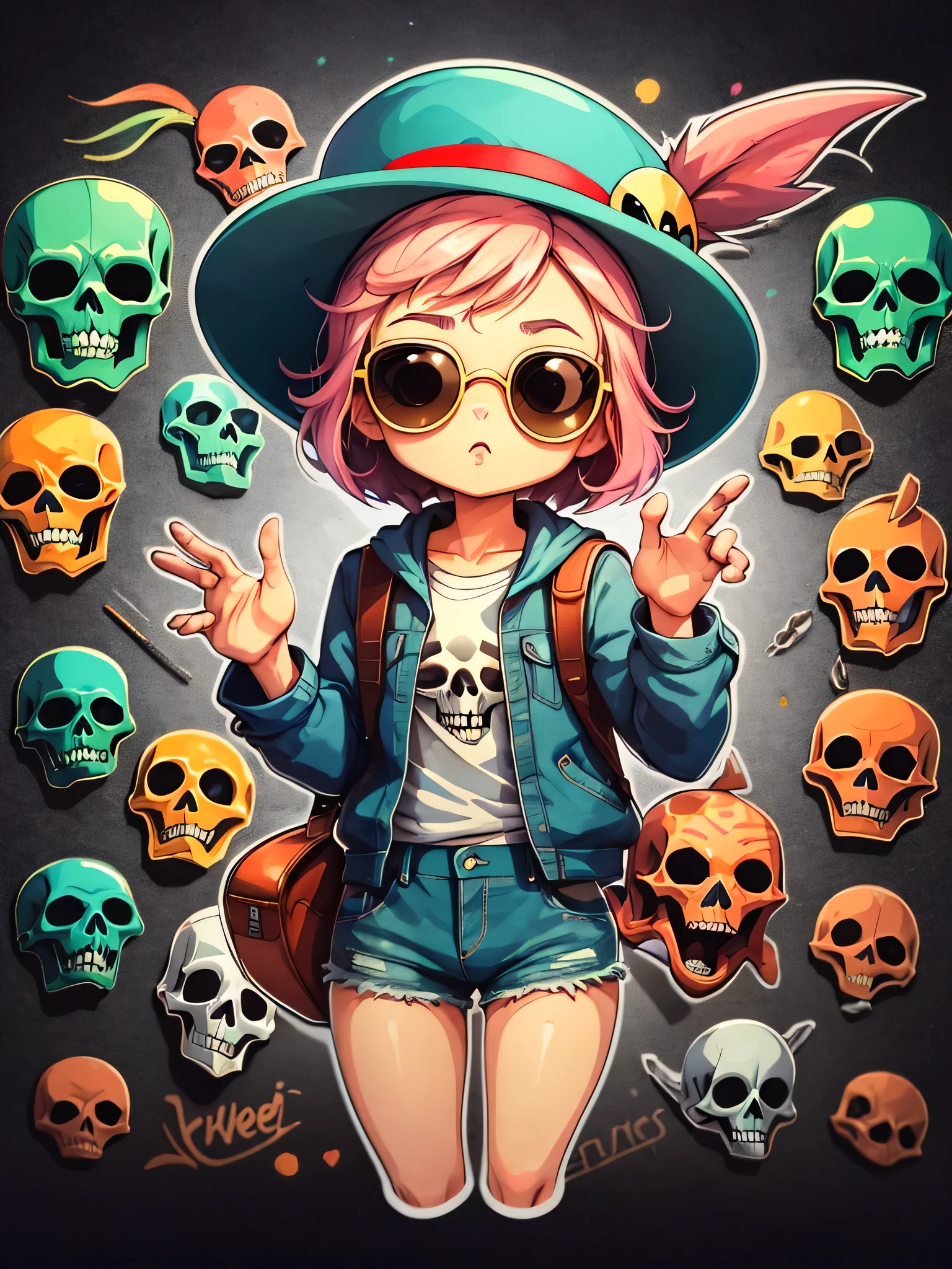 akira toriyama style、SKULL girl，Stylish sunglasses、stylish hat、Background is a colorful graffiti wall，SKULL fashion、masterpiece、Delicate detail