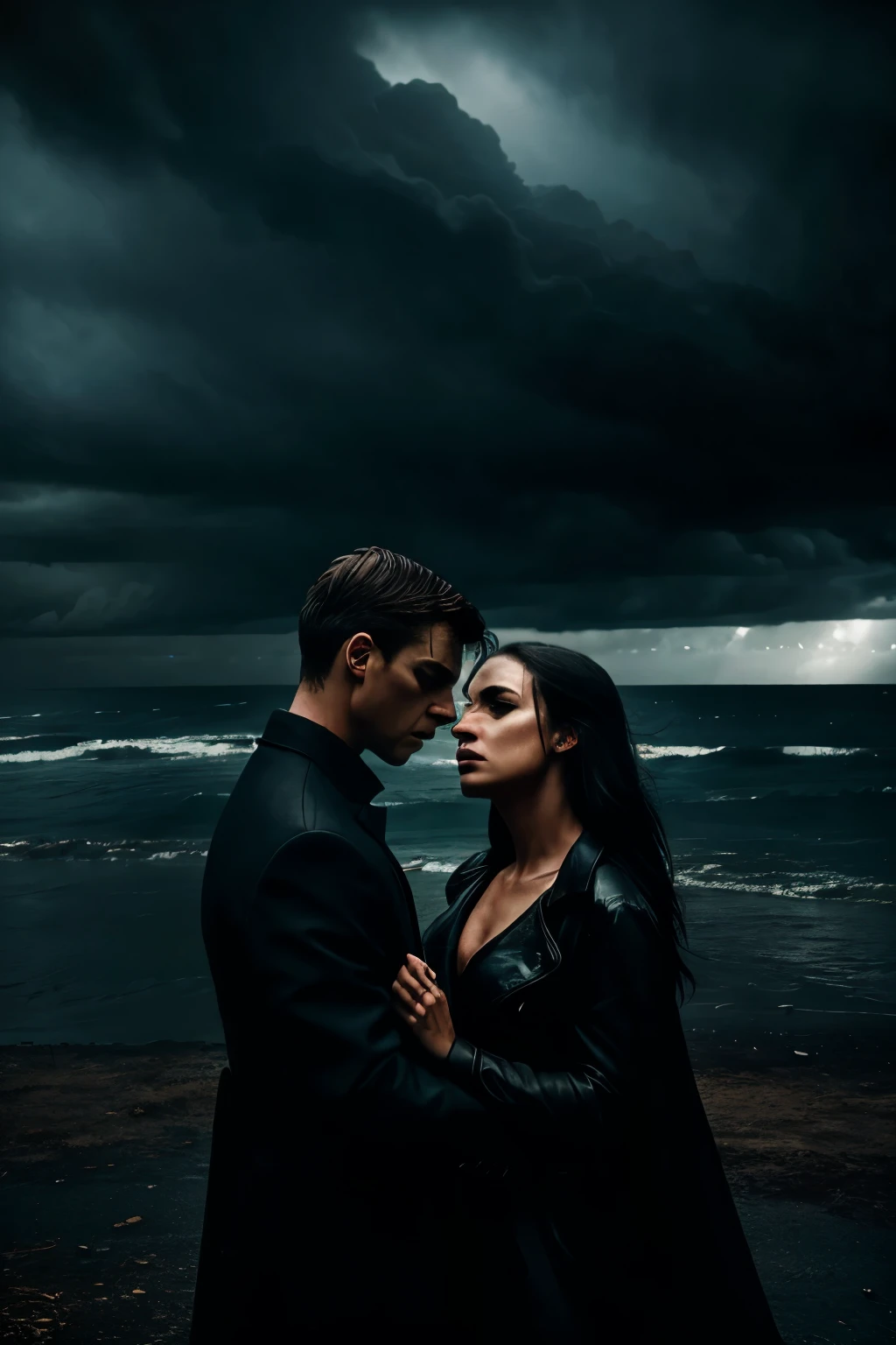 a couple arguing, distraught, emotional, tearful expressions, dramatic lighting, moody atmosphere, high-contrast, cinematic, stormy background, rain, dark shadows, intense colors, masterpiece