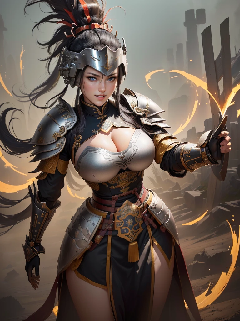 (a woman in armor with a helmet with mohawk), inspired by Li Kan, guan yu, inspired by Hu Zaobin, inspired by Huang Shen, inspired by Huang Ding, inspired by Wu Bin, bian lian, inspired by Li Gonglin, chinese three kingdoms, inspired by Li Cheng, genghis khan, inspired by Pu Hua, Highly detailed CG unit 8k wallpaper, masterpiece, High resolution, highest quality, highest quality real texture skin, Super Real, Digital Painting, Best image quality, 最High resolution, 8k, (((Highly detailed eyes and face, Beautiful eyes every detail))), disproportionate breasts, huge breasts, sagging breasts, gigantic breasts, grin, black hair,