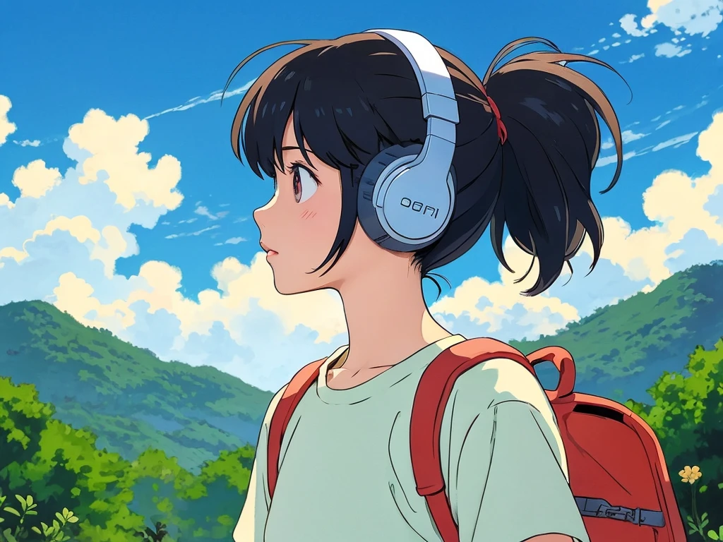 「Lofi Girl」in Studio Ghibli style、Please draw it in a night setting.。Lofi Girl sits at a wooden desk、I'm reading a book by the window while listening to music with headphones on.。she、Simple dresses and sweaters、They are wearing comfortable, casual clothing reminiscent of Ghibli characters.。Outside the window、The night view is expanding。