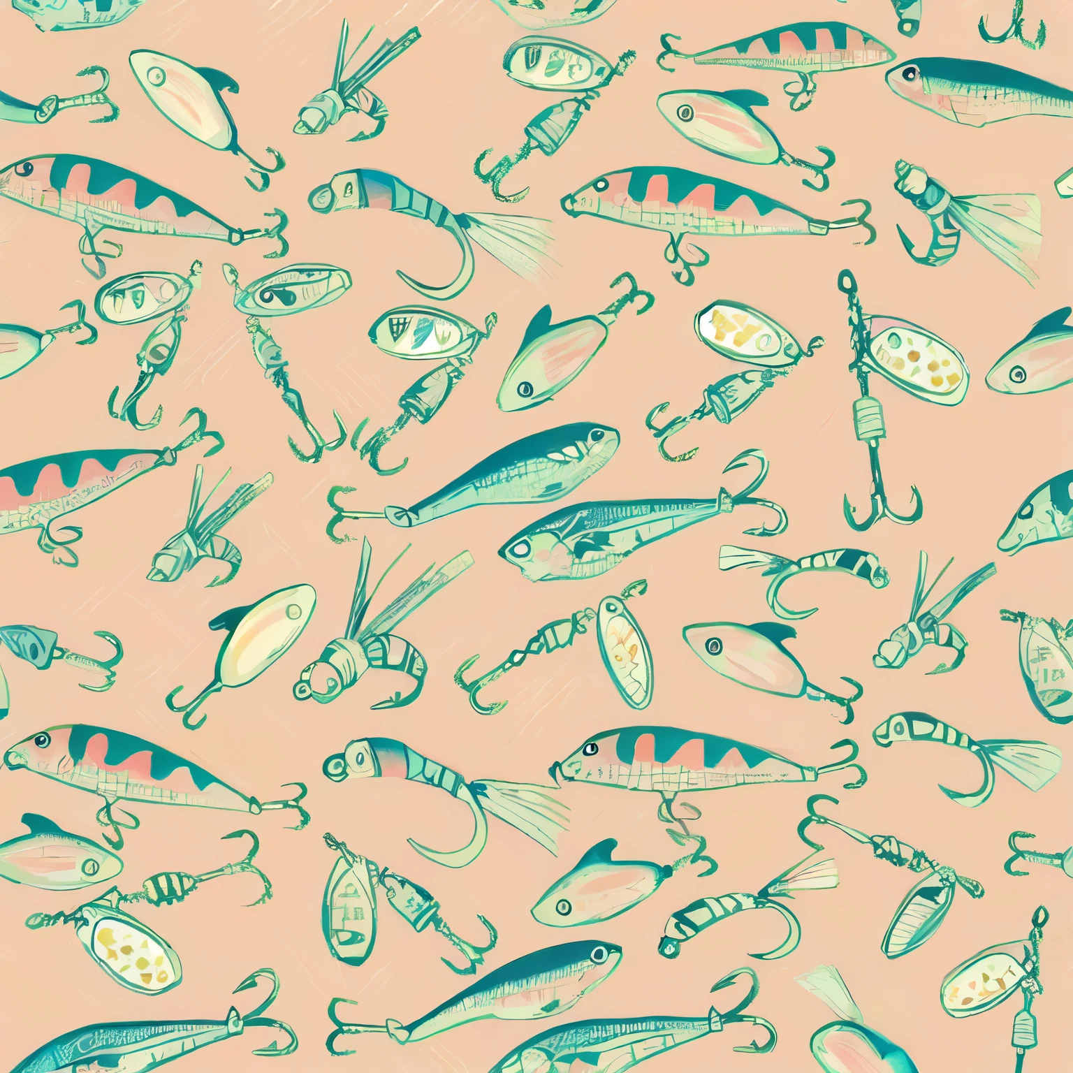 Fishing bait and hook pattern, colorful,Hand-drawn style