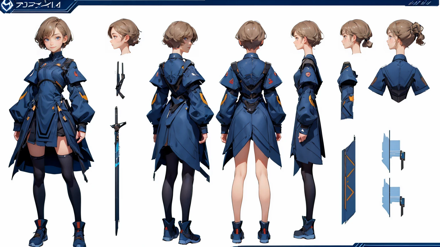cute girl in a short gaming dress , short hairs, , full straight standing pose, student, Character Sheet, Full body, Simple white background, character reference sheet, Concept art, design sheet, HD, 4k
