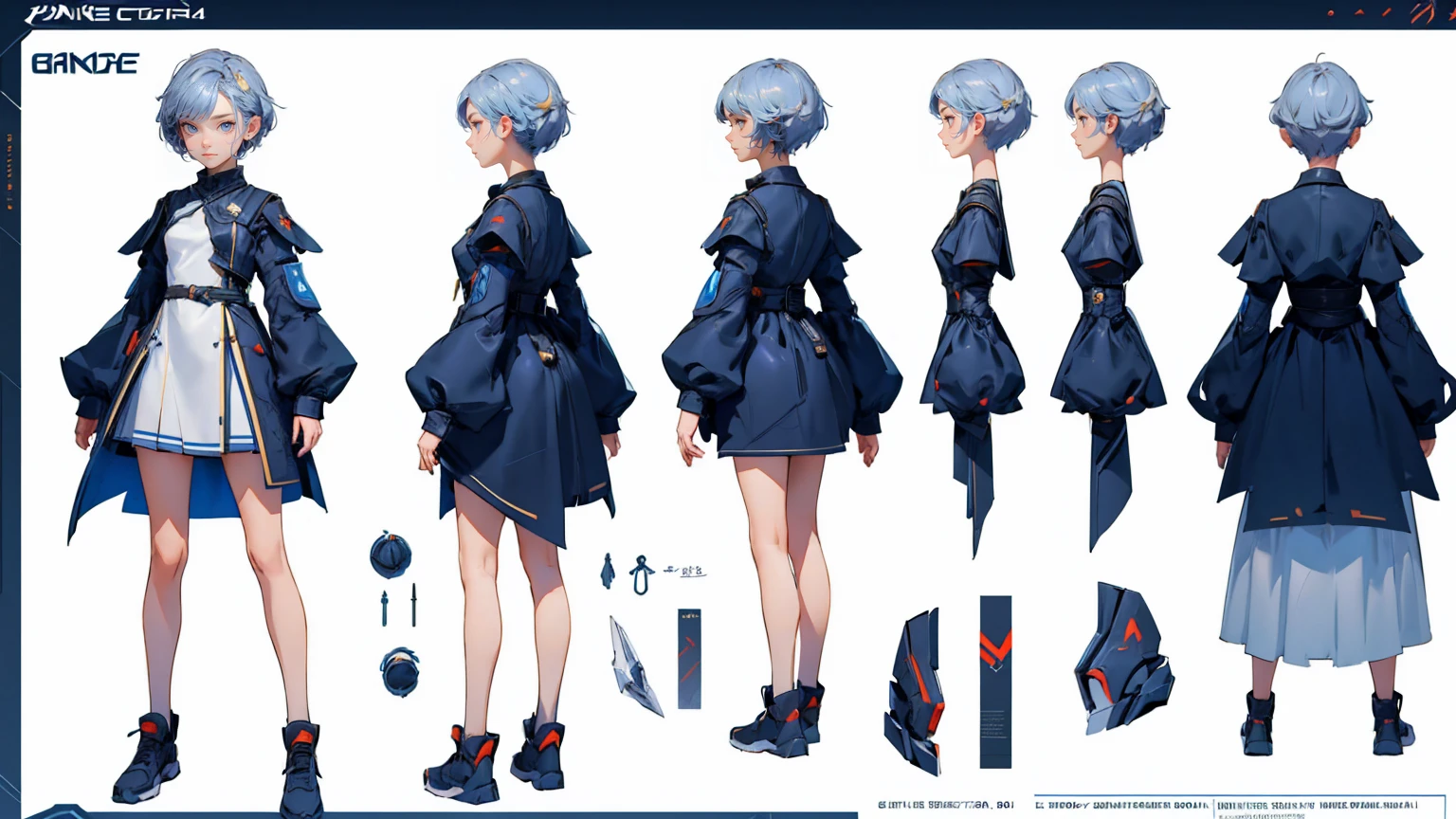cute girl in a short gaming dress , short hairs, , full straight standing pose, 14yo student, Character Sheet, Full body, Simple white background, character reference sheet, Concept art, design sheet, HD, 4k