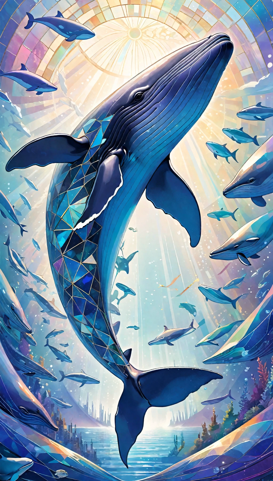 (Masterpiece, Award-winning, Best quality, high resolution) 3D illustration, An enormous whale, gracefully floating through a surreal sky filled with swirling, vibrant clouds of pink, purple, and gold. The whale's body is translucent, with patterns of stars and galaxies shimmering within. Below, a dreamlike landscape of rolling hills and whimsical trees stretches out, with hints of bioluminescent flora. The scene is both majestic and otherworldly, capturing the ethereal nature of this abstract flying whale.