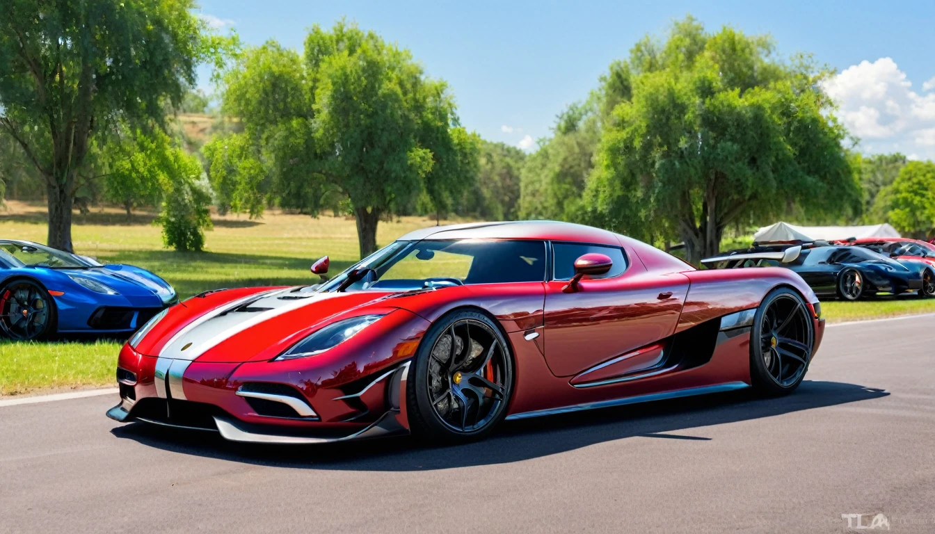 ((A realistic photo of a koenigsegg hyper Car)),cherry red color with chrome mag wheels, parked at a race trac on a summers day, best quality, very hi definition, 8k, curvy bikini Girls standing next to the car, (fine detail,)