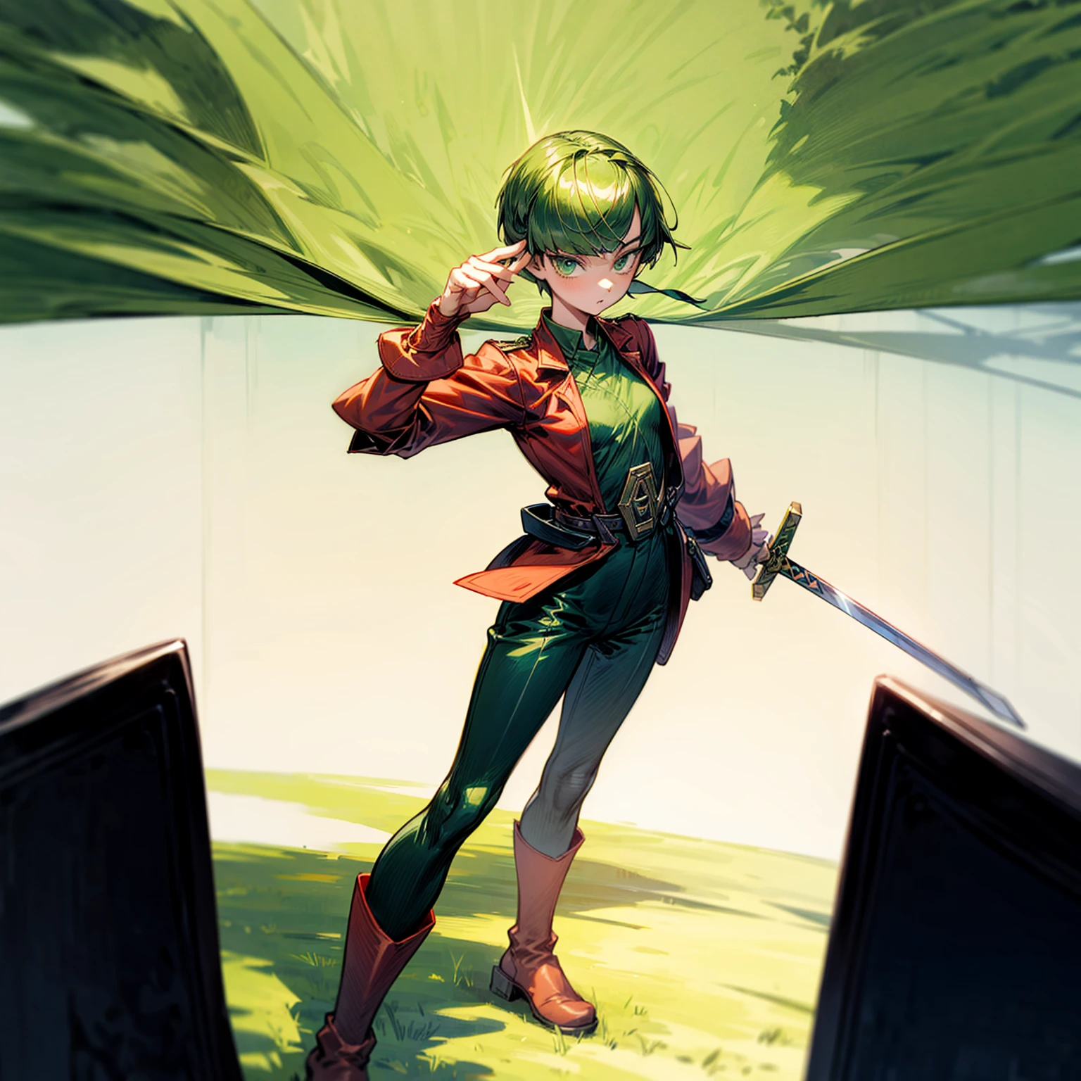 1girl, Full body version, 1character, green eyes, short haircut, green color hair, soldier style clothing, red colour clothing, boots, Grassroots, background street city, motion blur, (detective conan style art), standing gesture, sword in hand