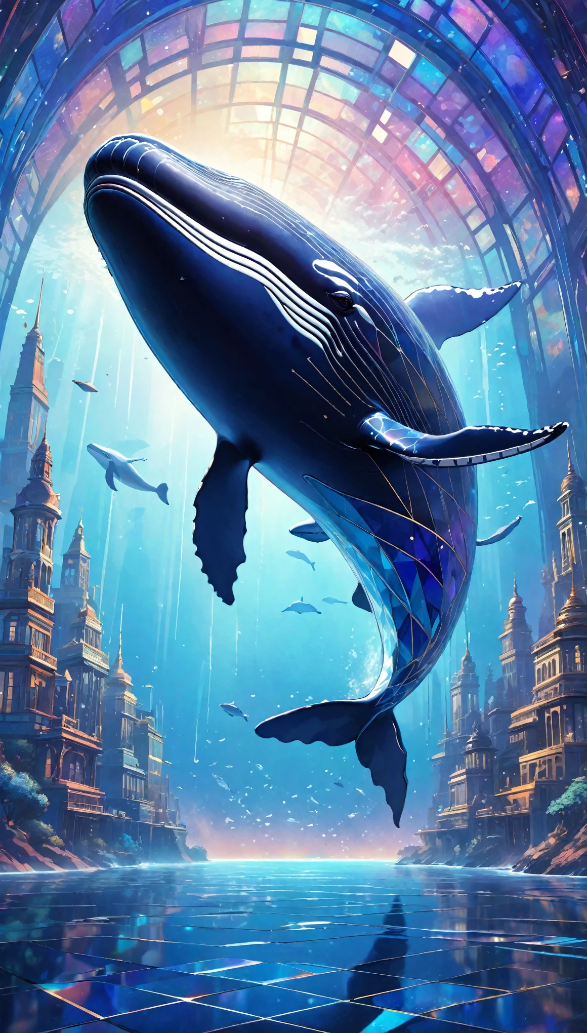 (Masterpiece, Award-winning, Best quality, high resolution) 3D illustration, An enormous whale, gracefully floating through a surreal sky filled with swirling, vibrant clouds of pink, purple, and gold. The whale's body is translucent, with patterns of stars and galaxies shimmering within. Below, a dreamlike landscape of rolling hills and whimsical trees stretches out, with hints of bioluminescent flora. The scene is both majestic and otherworldly, capturing the ethereal nature of this abstract flying whale.