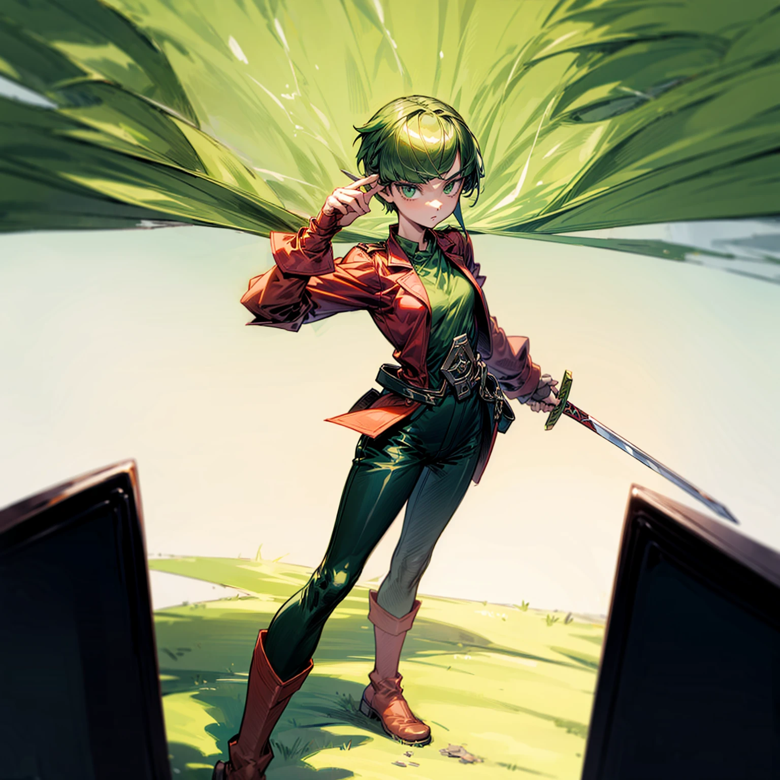 1girl, Full body version, 1character, green eyes, short haircut, green color hair, soldier style clothing, red colour clothing, boots, Grassroots, background street city, motion blur, (detective conan style art), standing gesture, sword in hand