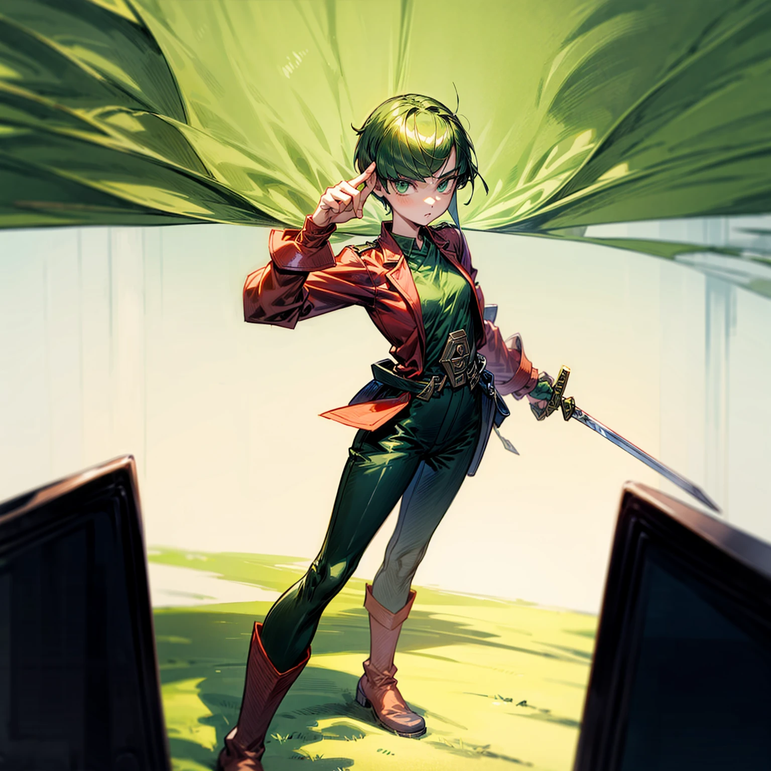 1girl, Full body version, 1character, green eyes, short haircut, green color hair, soldier style clothing, red colour clothing, boots, Grassroots, background street city, motion blur, (detective conan style art), standing gesture, sword in hand