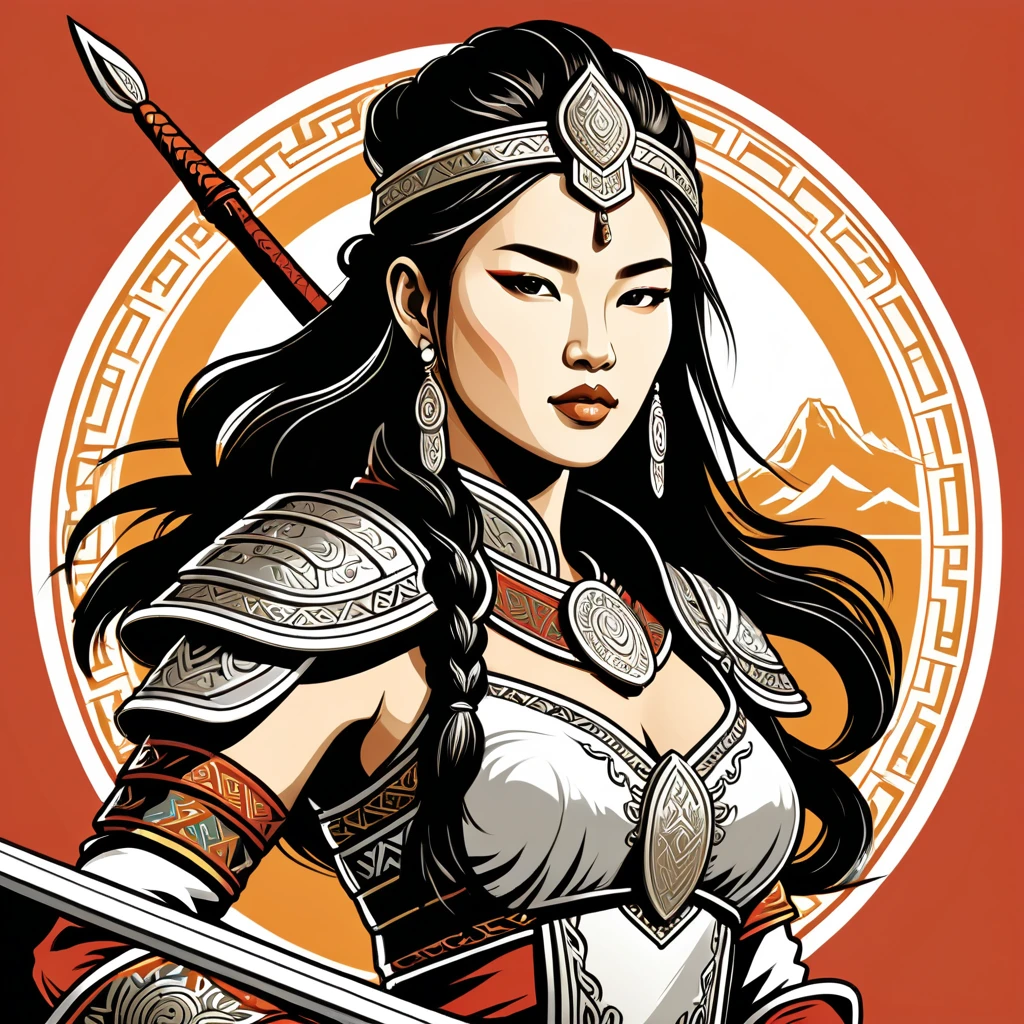 valkyrie female warrior in mongolian folk outfit, vector graphics, strong contours