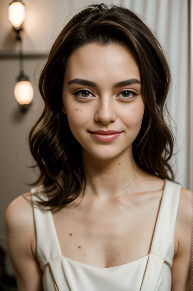 25 year old woman, long brown hair, professionally styled hair and makeup, model photoshoot, masterpiece, photorealistic, high definition, ((wedding dress)), photostudio, studio lighting, cinematic shot, raw photo, film grain, pale skin, freckles, wide hips, small head, tiny head, (((Broad shoulders))), Smiling, happy