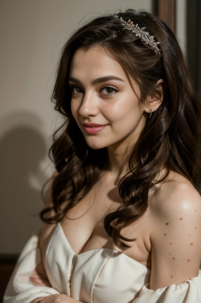25 year old woman, long brown hair, professionally styled hair and makeup, model photoshoot, masterpiece, photorealistic, high definition, ((wedding dress)), photostudio, studio lighting, cinematic shot, raw photo, film grain, pale skin, freckles, wide hips, small head, tiny head, (((Broad shoulders))), Smiling, happy