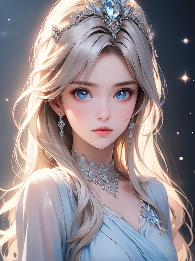 (close:1.4)、(RAW shooting:1.2)、(realistic:1.4)、(masterpiece:1.3)、(highest quality:1.4)、bright look、very beautiful girl、extraordinary beautiful girl、cute and beautiful face details、beautiful bangs、Brilliant white skin、facial hair、Bangs that extend to the face、bangs between eyes、super long hair、Charming light and dark platinum blonde super long straight silky hair、thin hair、Charming and shining beautiful bright and clear light blue big eyes、luxurious dress、tiara、double eyelid、rich bust、Upper body