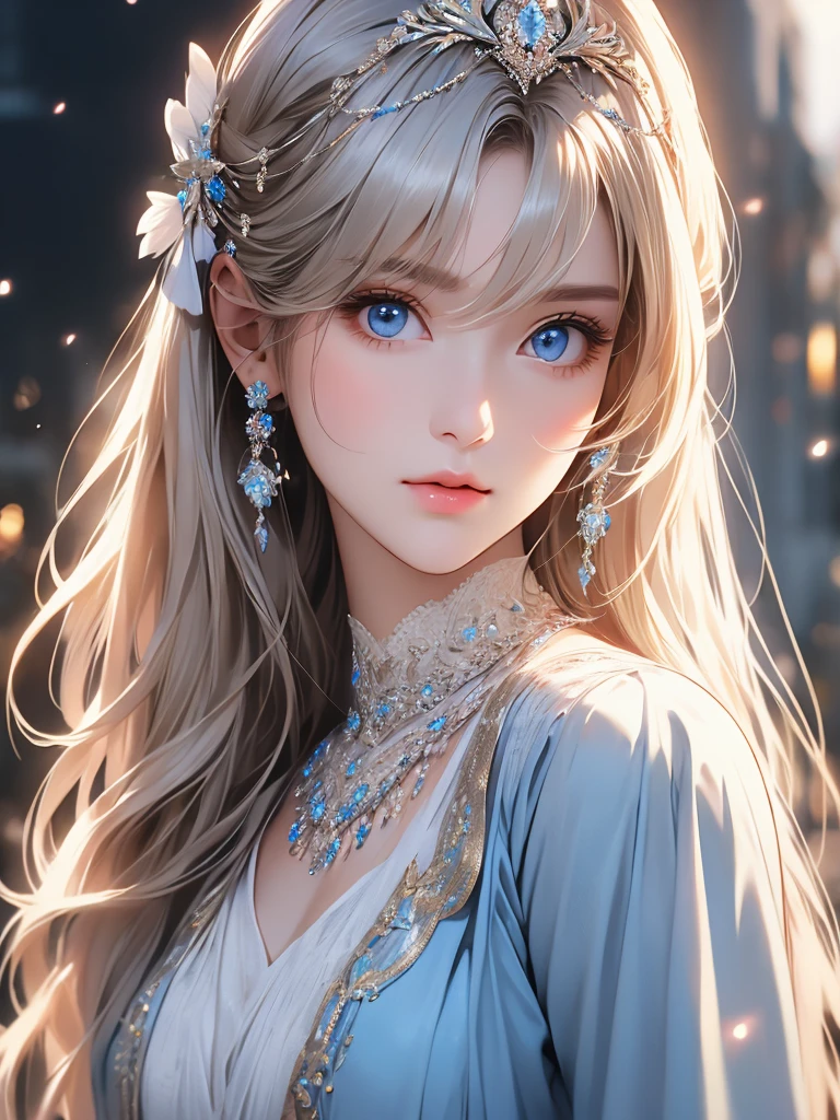 (close:1.4)、(RAW shooting:1.2)、(realistic:1.4)、(masterpiece:1.3)、(highest quality:1.4)、bright look、very beautiful girl、extraordinary beautiful girl、cute and beautiful face details、beautiful bangs、Brilliant white skin、facial hair、Bangs that extend to the face、bangs between eyes、super long hair、Charming light and dark platinum blonde super long straight silky hair、thin hair、Charming and shining beautiful bright and clear light blue big eyes、luxurious dress、tiara、double eyelid、rich bust、Upper body
