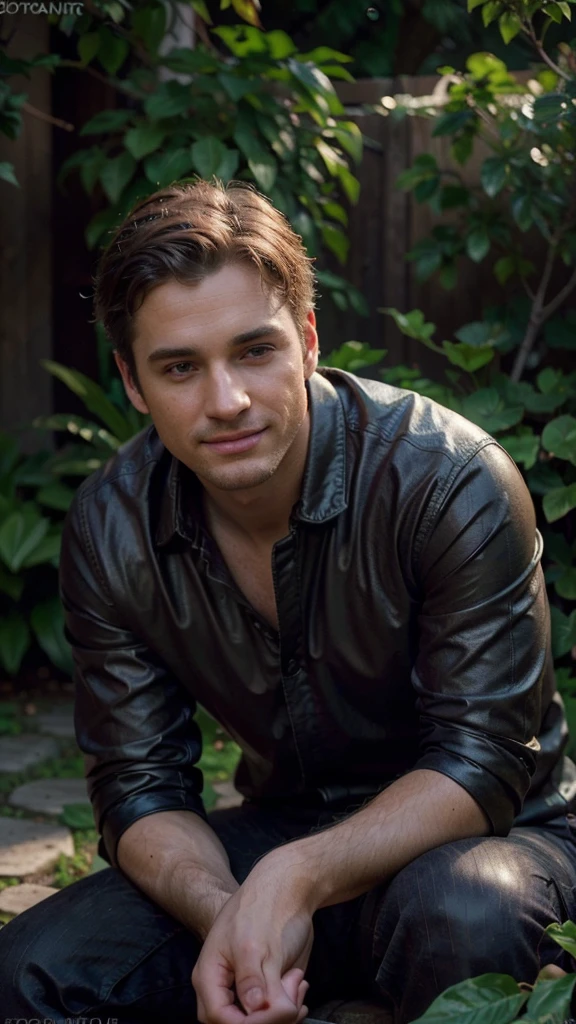 a man sitting in a batonic garden, relaxing, batonic garden photography, handsome man, extremely detailed face, smile, detailed eyes, detailed lips, chiaroscuro lighting, cinematic composition, dramatic lighting, moody atmosphere, warm color palette, high contrast, photorealistic, (best quality,4k,8k,highres,masterpiece:1.2),ultra-detailed,(realistic,photorealistic,photo-realistic:1.37)