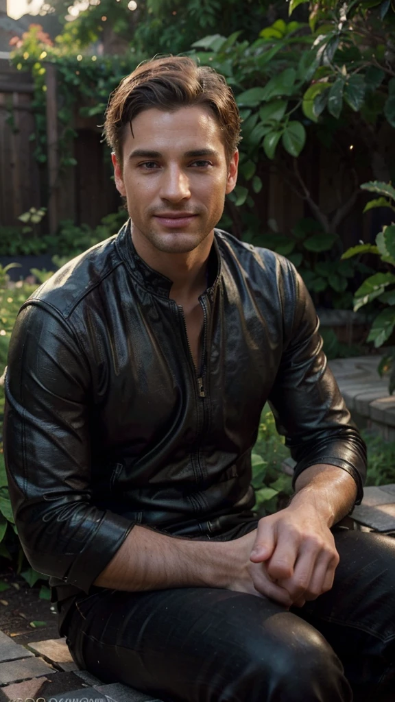 a man sitting in a batonic garden, relaxing, batonic garden photography, handsome man, extremely detailed face, smile, detailed eyes, detailed lips, chiaroscuro lighting, cinematic composition, dramatic lighting, moody atmosphere, warm color palette, high contrast, photorealistic, (best quality,4k,8k,highres,masterpiece:1.2),ultra-detailed,(realistic,photorealistic,photo-realistic:1.37)