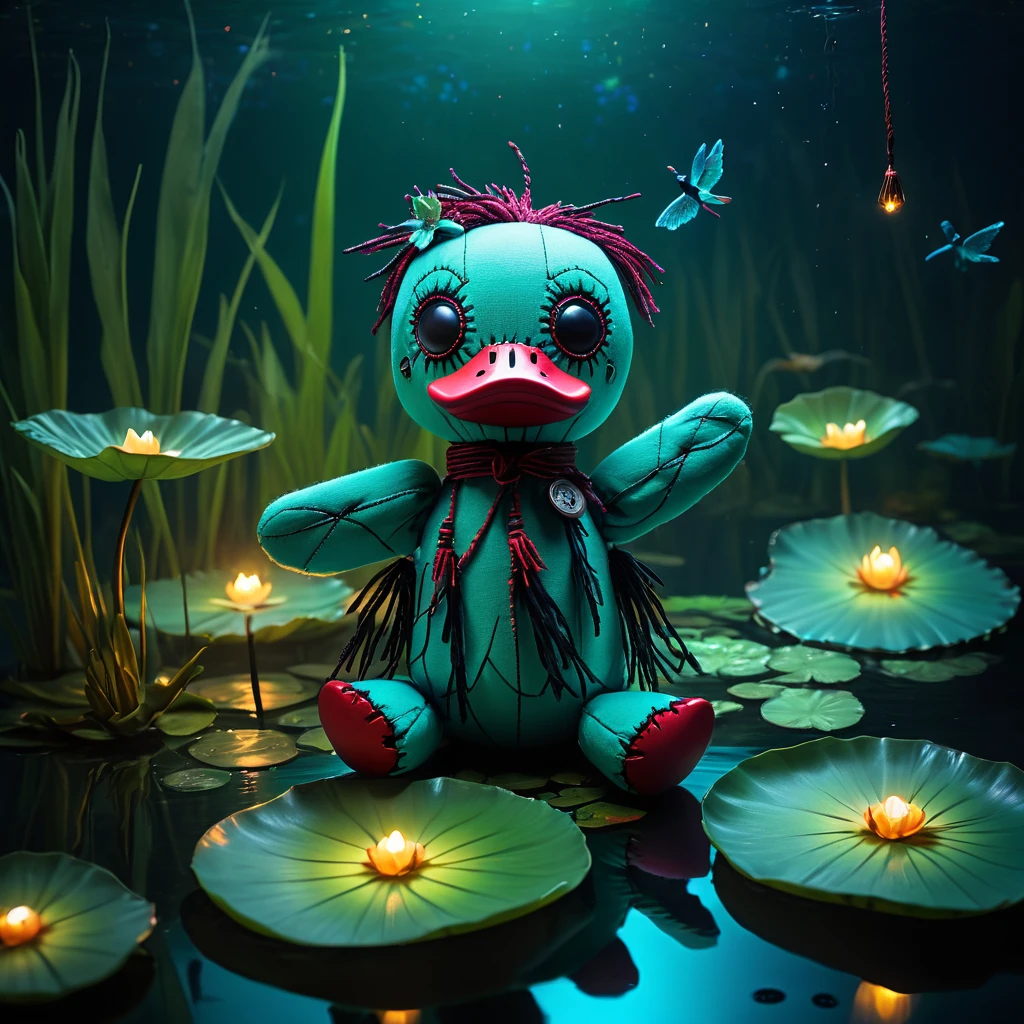 (knitted toy voodoo doll:1.9), (Voodoo Duck in Pond:1.3), (Clothing: dark feathers with glowing teal patterns:1.0), (Accessories: enchanted cursed lily pad, glowing ethereal beak, mystical haunted pond:1.2), (background: eerie pond with floating, glowing fireflies and gentle ripples:1.2), best quality, masterpiece, detailed soft oil painting, detailed background, dramatic cinematic lighting, soft edge lighting, professional, dramatic lighting, hard edge lighting, ultra quality, 4k, masterpiece, best quality, 8k, ultra high definition, high resolution, extremely detailed