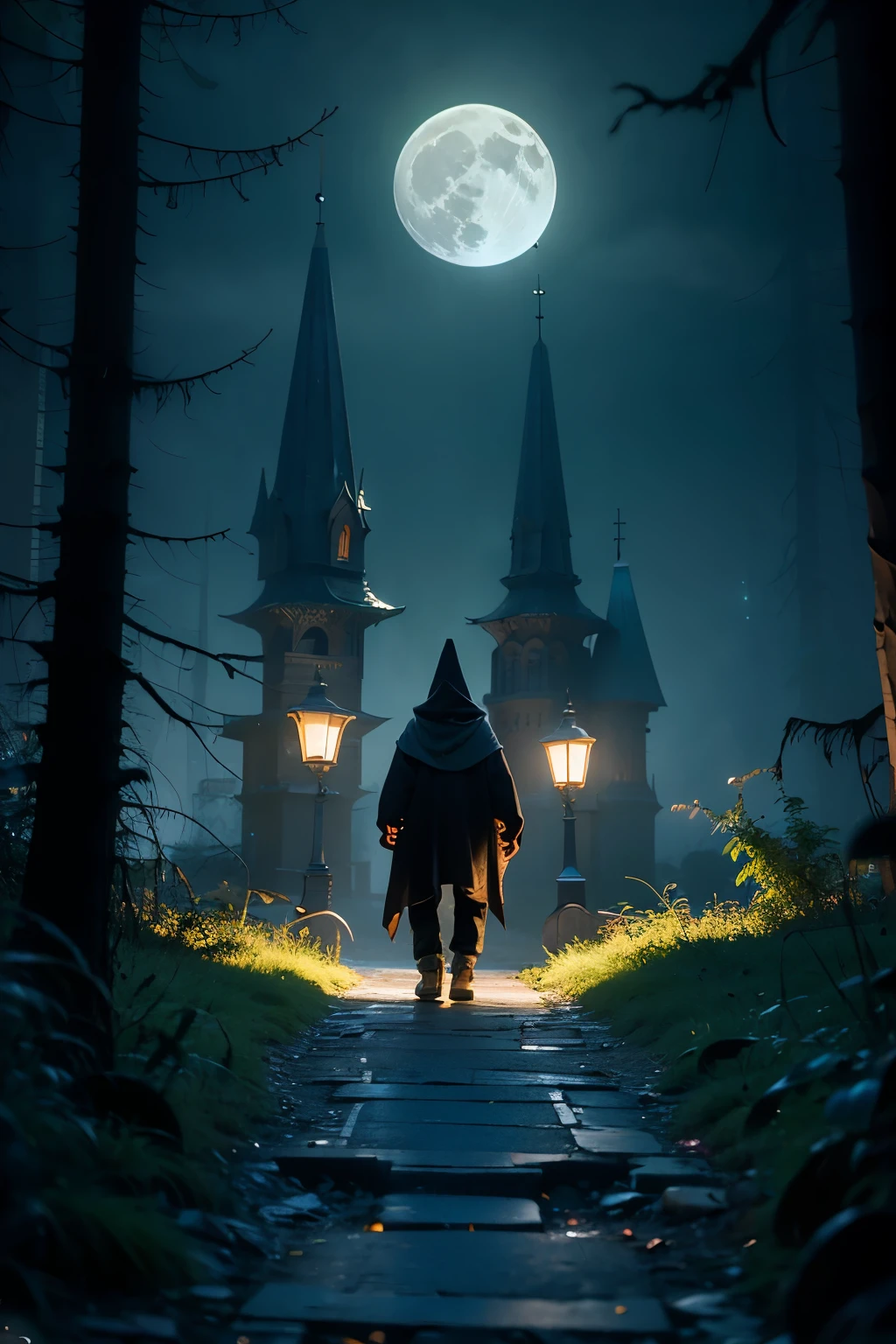 ((best quality)), ((masterpiece)), (detailed), very spooky monsters random evil shapes, is standing beside the samitarium, dark nights(bokeh lights) full moon and there are so many big trees, leap on the ground, stones