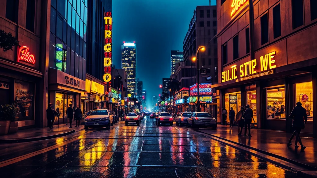 comic style illustration of downtown los angeles as seen from street level at night in the rain with many lights. Camera View should be in the middle of the city from a sidewalk.