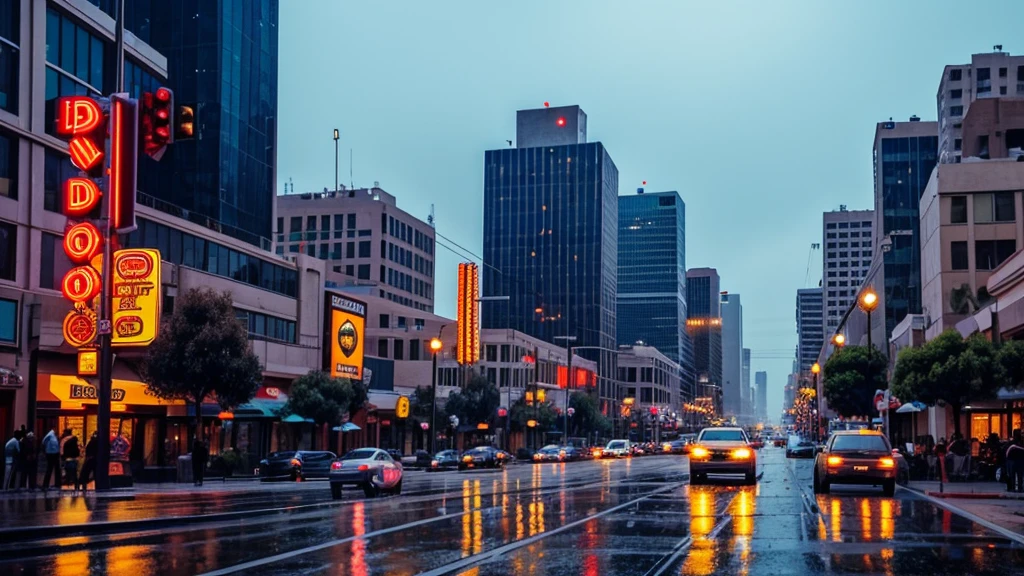 comic style illustration of downtown los angeles as seen from street level at night in the rain with many lights. Camera View should be in the middle of the city from a sidewalk.