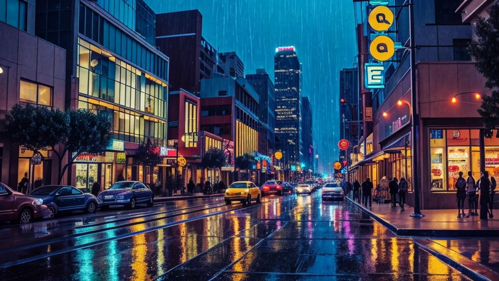 comic style illustration of downtown los angeles as seen from street level at night in the rain with many lights. Camera View should be in the middle of the city from a sidewalk.