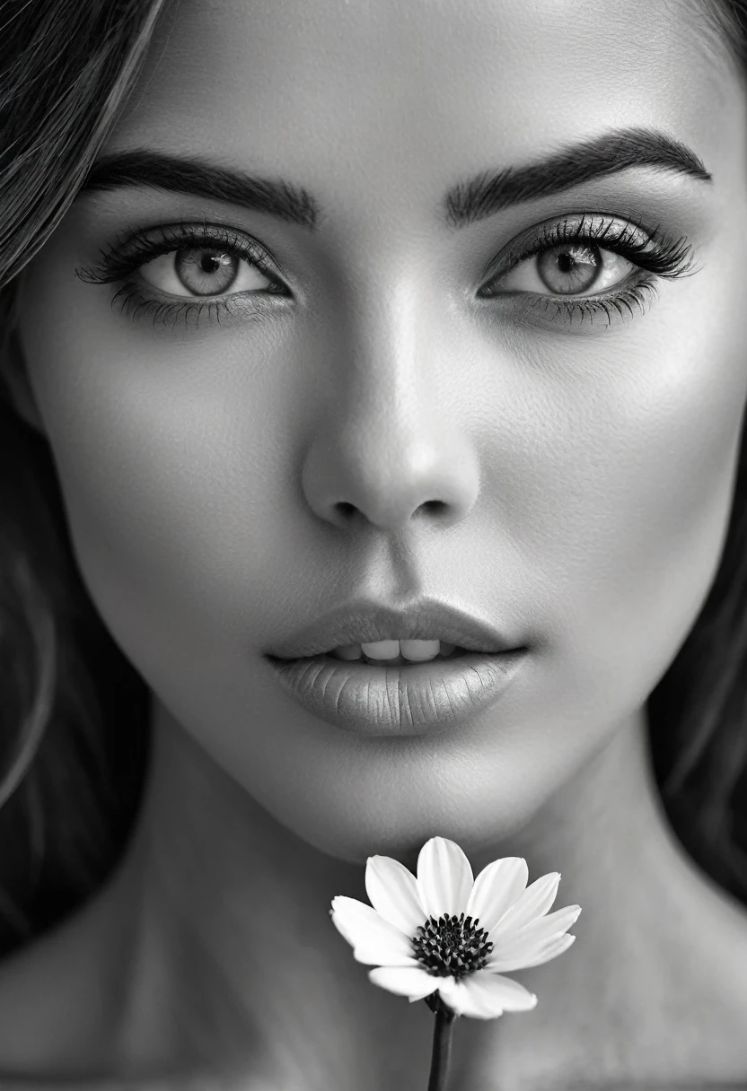 A black and white photo in raw format, zooming in on the intricate details of a woman's face, revealing the delicate lines of her skin and the depth of her expressive eyes. Frame the shot with a solitary striking flower, delicately held in the woman's hand, adding a touch of softness and femininity to the composition, enhancing the dramatic contrast and textures of the monochrome image.