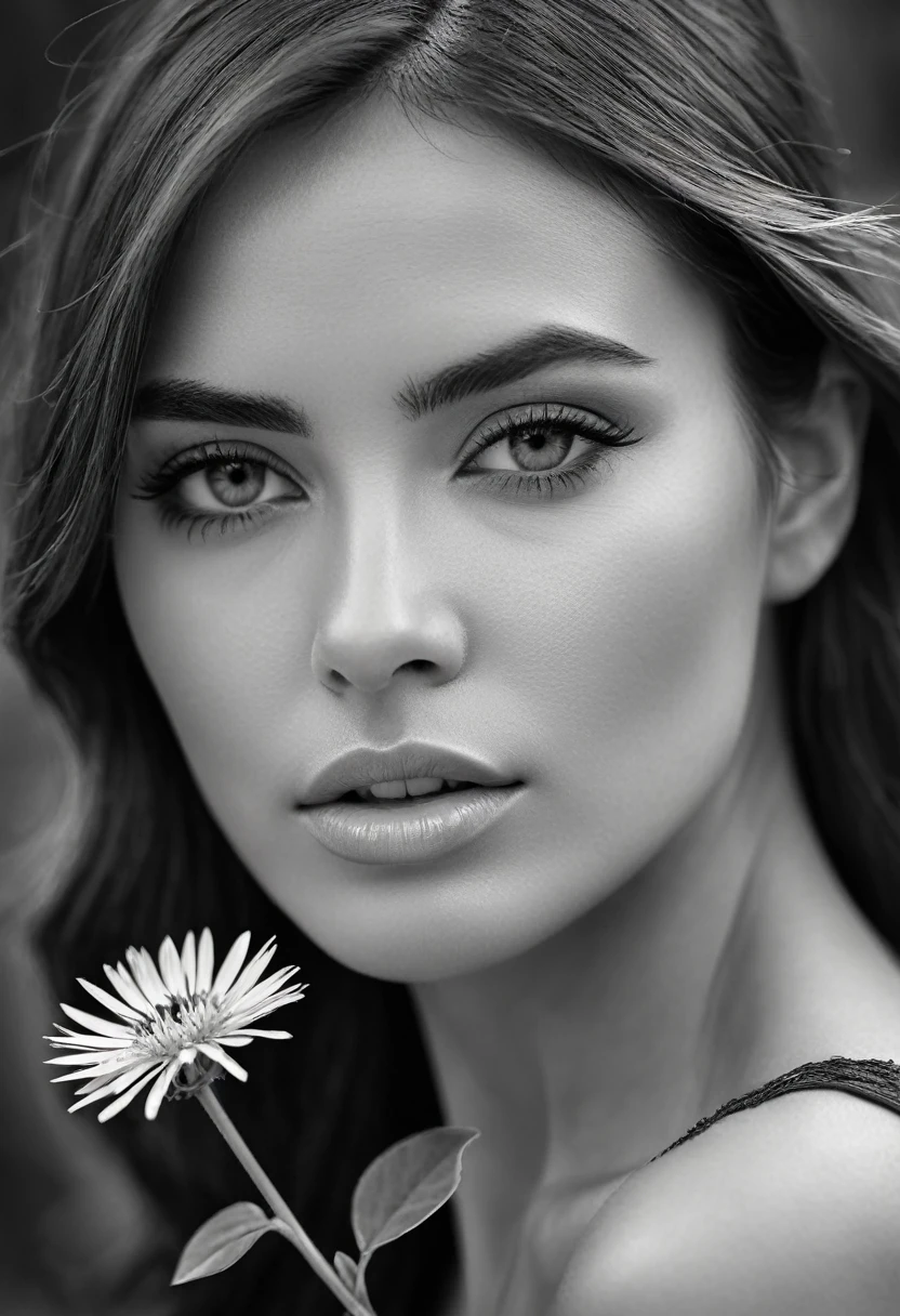 A black and white photo in raw format, zooming in on the intricate details of a woman's face, revealing the delicate lines of her skin and the depth of her expressive eyes. Frame the shot with a solitary striking flower, delicately held in the woman's hand, adding a touch of softness and femininity to the composition, enhancing the dramatic contrast and textures of the monochrome image.