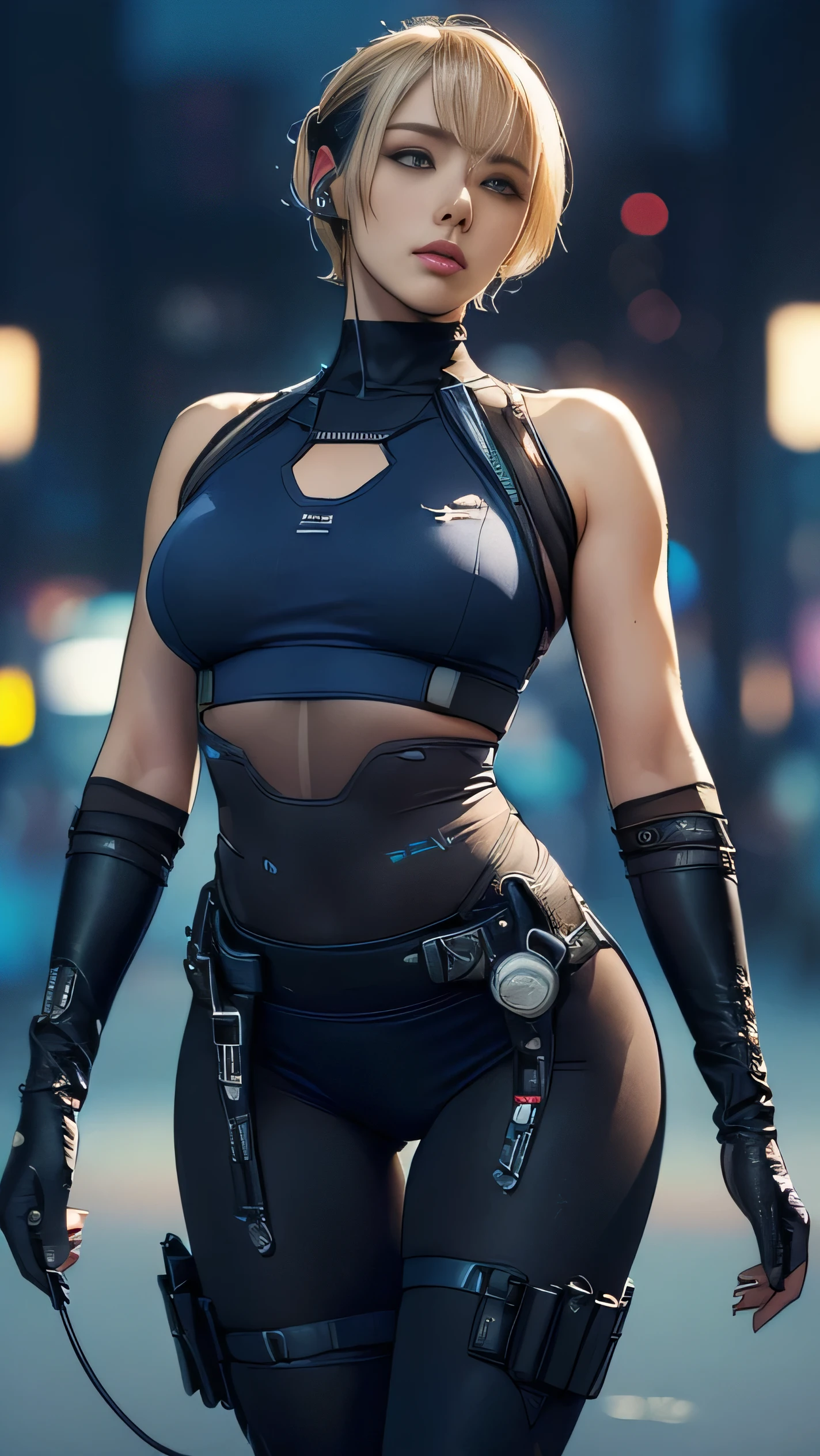 (A woman),(((A female member of the Future Force rides a motorcycle))),((Navy blue tactical tights:1.5)),((earphone:1.5)),((Tactical Holster:1.5)),(Gloves:1.5),(Serious:1.5),(Super short hair:1.5),(bionde:1.5),(beautiful eyes:1.3),(Very detailedな顔:1.5),((Very detailed drawing of a female hand:1.5)),((muscular:1.5)),(Sexy appearance:1.5),((Thick thighs:1.5)),(Beautiful Body:1.5),((Very sensual:1.5)),(The backdrop is a futuristic city:1.5),(Cyberpunk atmosphere:1.5),(((Blurred Background:1.5))),(Written border depth:1.5),rest(((masterpiece:1.5),(best quality:1.5),(Very detailed:1.5),(high resolution:1.5),(Practical:1.5),(Practical:1.5),(Delicate depiction),(Carefully drawn))),8k,wallpaper