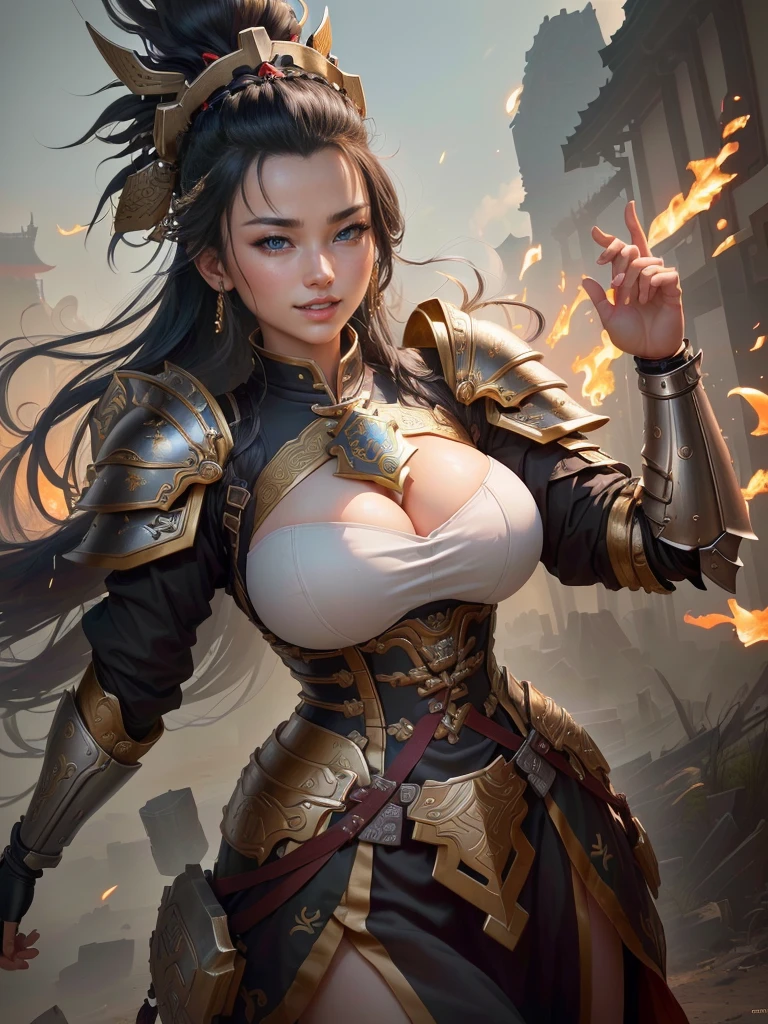 (a woman in armor with a helmet with mohawk), inspired by Li Kan, guan yu, inspired by Hu Zaobin, inspired by Huang Shen, inspired by Huang Ding, inspired by Wu Bin, bian lian, inspired by Li Gonglin, chinese three kingdoms, inspired by Li Cheng, genghis khan, inspired by Pu Hua, Highly detailed CG unit 8k wallpaper, masterpiece, High resolution, highest quality, highest quality real texture skin, Super Real, Digital Painting, Best image quality, 最High resolution, 8k, (((Highly detailed eyes and face, Beautiful eyes every detail))), disproportionate breasts, huge breasts, sagging breasts, gigantic breasts, grin, black hair, 