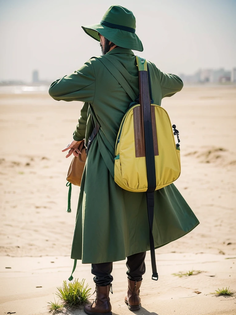 Green tricorn hat、Guitar and backpack on his back、Green clothes and yellow-green scarf、Cool adult man、Facing forward