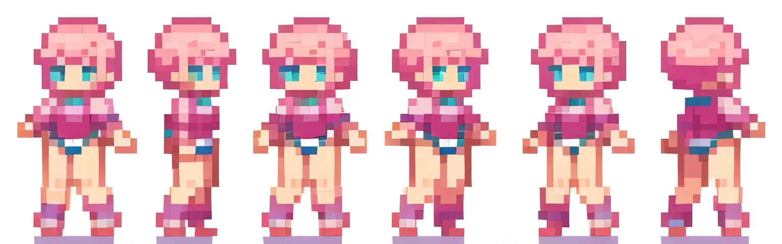 the very same person character chips , masterpiece , 6 poses (put out one's left foot , put out one's right foot , 2 front-facing poses , 2 back poses),best quality , pixel , character sprites, pixel art, 16-bit jrpg asset, (chibi:0.65) 1girl, sequence frames , walking , fantasy , full body , white background , heroine , deformed , sexy , chibi , Highly Exposed , pink clothes , pink hair , walking frame