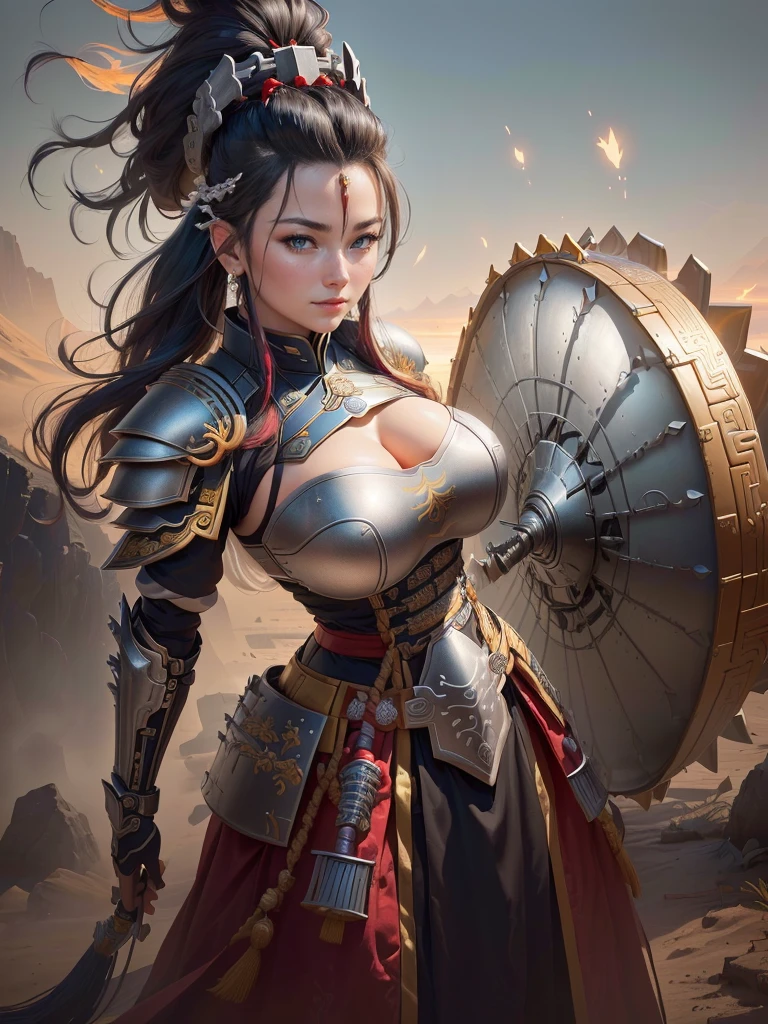 (a woman in armor with a helmet with mohawk), inspired by Li Kan, guan yu, inspired by Hu Zaobin, inspired by Huang Shen, inspired by Huang Ding, inspired by Wu Bin, bian lian, inspired by Li Gonglin, chinese three kingdoms, inspired by Li Cheng, genghis khan, inspired by Pu Hua, Highly detailed CG unit 8k wallpaper, masterpiece, High resolution, highest quality, highest quality real texture skin, Super Real, Digital Painting, Best image quality, 最High resolution, 8k, (((Highly detailed eyes and face, Beautiful eyes every detail))), disproportionate breasts, huge breasts, sagging breasts, gigantic breasts, grin, black hair, 