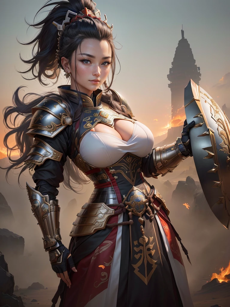 (a woman in armor with a helmet with mohawk), inspired by Li Kan, guan yu, inspired by Hu Zaobin, inspired by Huang Shen, inspired by Huang Ding, inspired by Wu Bin, bian lian, inspired by Li Gonglin, chinese three kingdoms, inspired by Li Cheng, genghis khan, inspired by Pu Hua, Highly detailed CG unit 8k wallpaper, masterpiece, High resolution, highest quality, highest quality real texture skin, Super Real, Digital Painting, Best image quality, 最High resolution, 8k, (((Highly detailed eyes and face, Beautiful eyes every detail))), disproportionate breasts, huge breasts, sagging breasts, gigantic breasts, grin, black hair, 