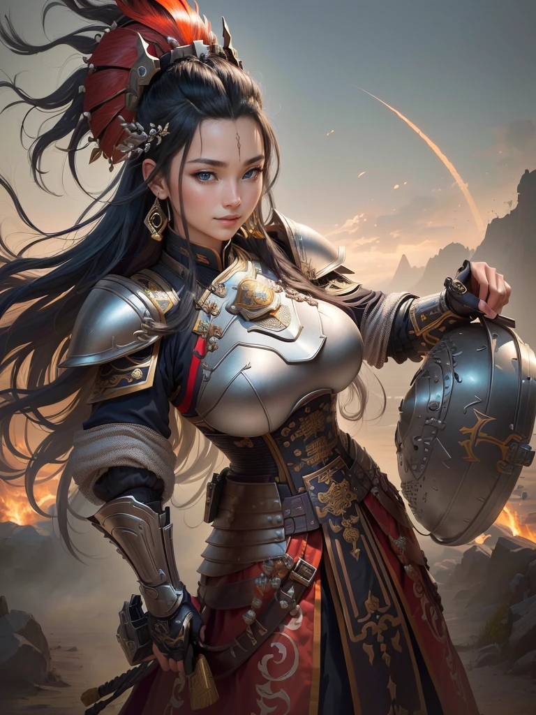 (a woman in armor with a helmet with mohawk), inspired by Li Kan, guan yu, inspired by Hu Zaobin, inspired by Huang Shen, inspired by Huang Ding, inspired by Wu Bin, bian lian, inspired by Li Gonglin, chinese three kingdoms, inspired by Li Cheng, genghis khan, inspired by Pu Hua, Highly detailed CG unit 8k wallpaper, masterpiece, High resolution, highest quality, highest quality real texture skin, Super Real, Digital Painting, Best image quality, 最High resolution, 8k, (((Highly detailed eyes and face, Beautiful eyes every detail))), disproportionate breasts, huge breasts, sagging breasts, gigantic breasts, grin, black hair, 