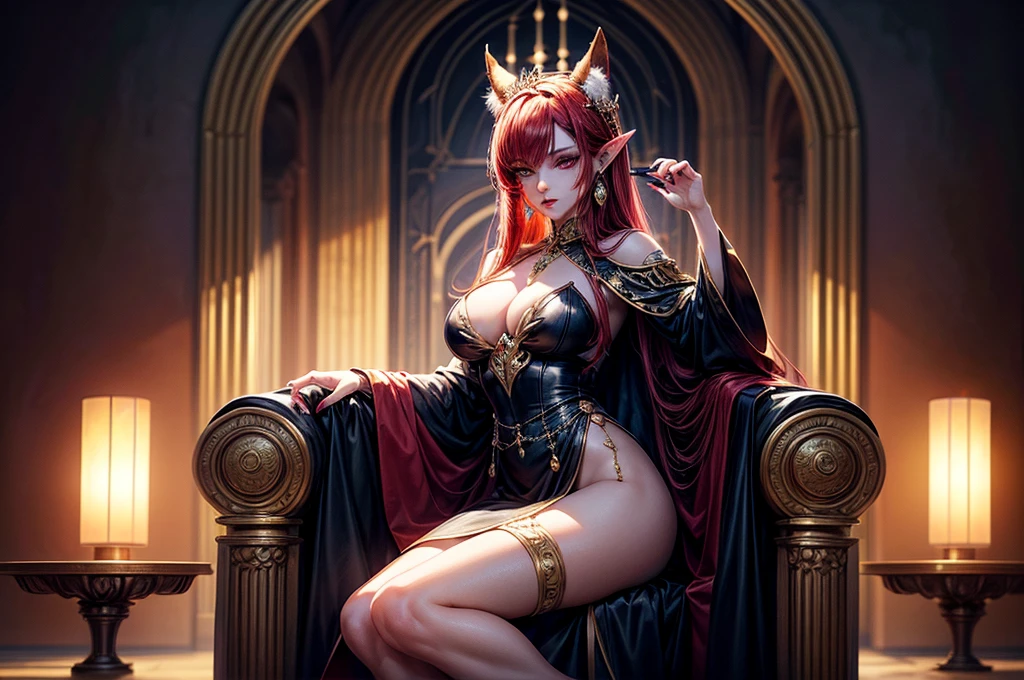In the dark castle throne room on the huge royal throne in seductive pose siting beatiful demon queen, She have beautiful face with pink eyes rakr eye shadows and dark lipstick sexy make up, golden ring shape earrings on her ponty ears. she have long gorgeous bloody red hair.. dressed in majestic sexy black royal robe with golden metal parts, also she have tattoo all over her body her hands have lonf beautiful nails, (ultra high quality fantasy art, ghothic dark fantasy style, masterpiece, ultra high quality character design, 8k quality anime art, realistic anime art, top quality wallpaper illustration, detailed ultra high quality accurate face, high quality design and accurate physic)