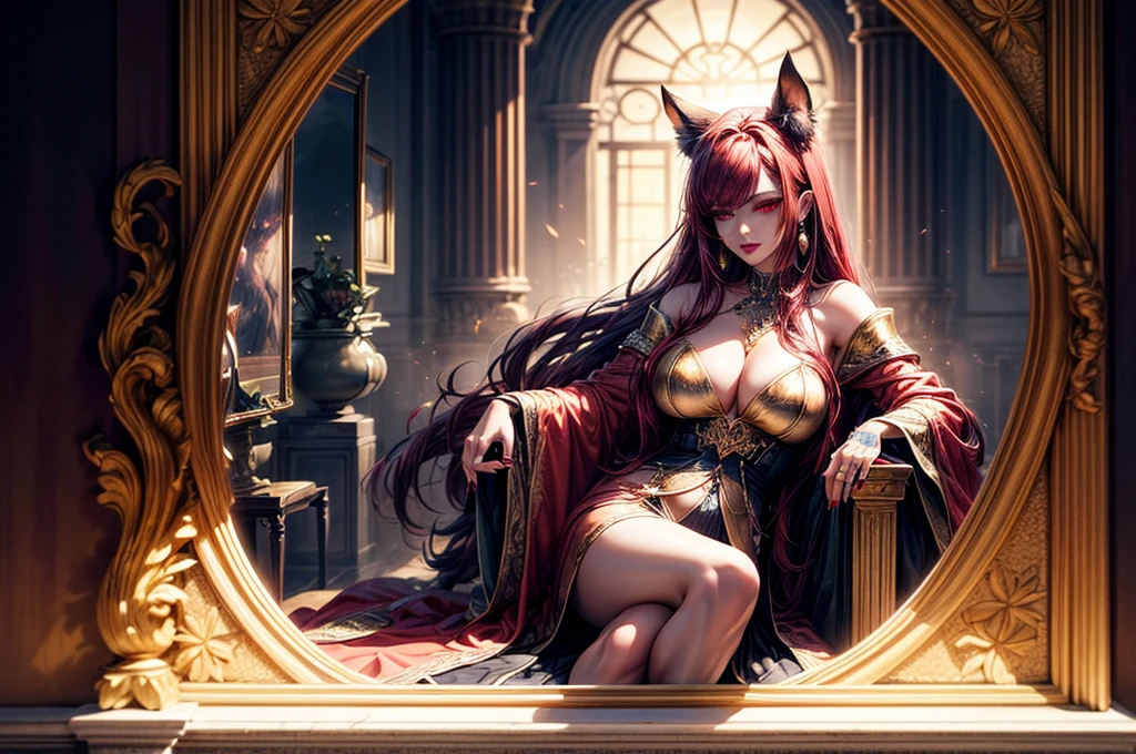 In the dark castle throne room on the huge royal throne in seductive pose siting beatiful demon queen, She have beautiful face with pink eyes rakr eye shadows and dark lipstick sexy make up, golden ring shape earrings on her ponty ears. she have long gorgeous bloody red hair.. dressed in majestic sexy black royal robe with golden metal parts, also she have tattoo all over her body her hands have lonf beautiful nails, (ultra high quality fantasy art, ghothic dark fantasy style, masterpiece, ultra high quality character design, 8k quality anime art, realistic anime art, top quality wallpaper illustration, detailed ultra high quality accurate face, high quality design and accurate physic)