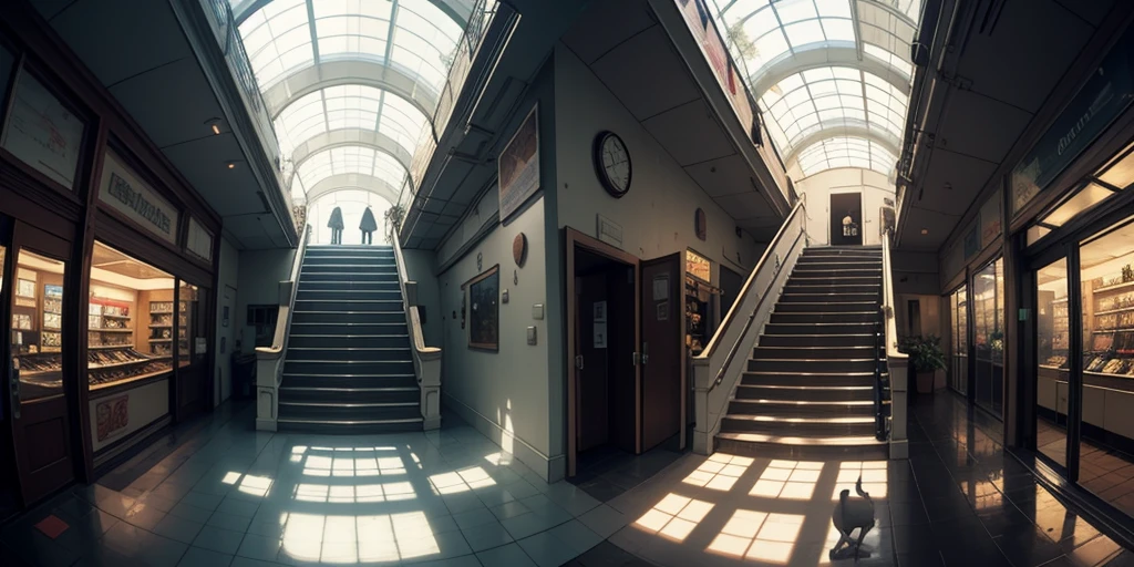 Equirectangular 360-degree panorama view photo with left and right ends seamlessly connected. first person, ((darkness)), fantasy, in a wasted mall, stair, shadow