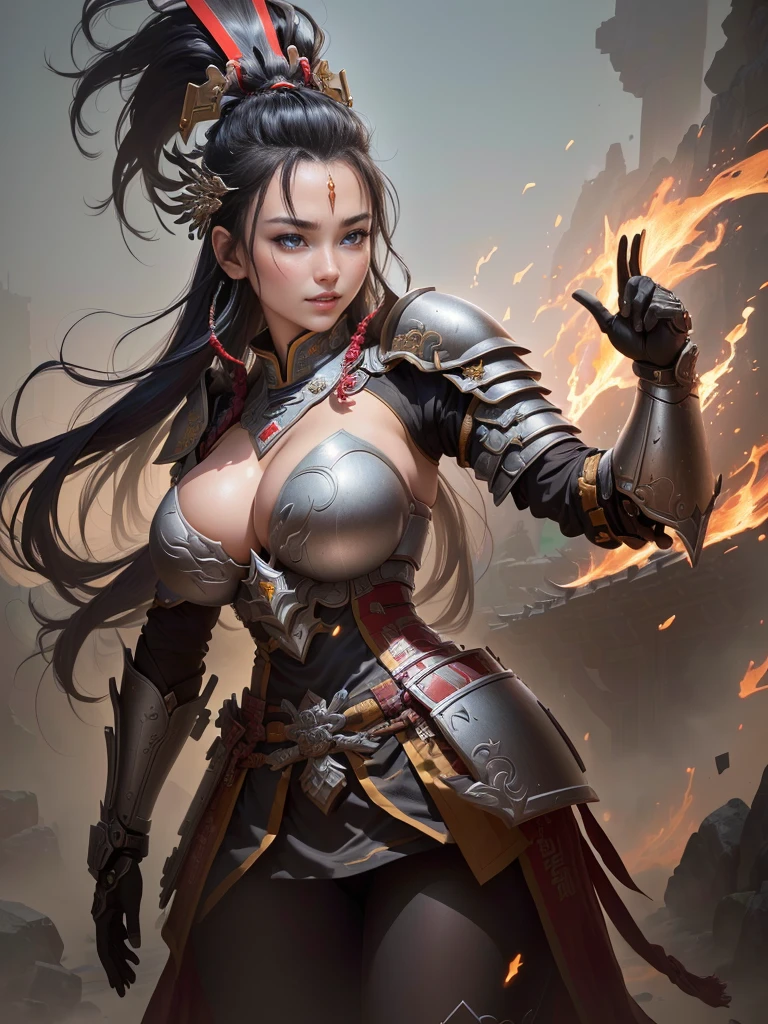 (a woman in armor with a helmet with mohawk), inspired by Li Kan, guan yu, inspired by Hu Zaobin, inspired by Huang Shen, inspired by Huang Ding, inspired by Wu Bin, bian lian, inspired by Li Gonglin, chinese three kingdoms, inspired by Li Cheng, genghis khan, inspired by Pu Hua, Highly detailed CG unit 8k wallpaper, masterpiece, High resolution, highest quality, highest quality real texture skin, Super Real, Digital Painting, Best image quality, 最High resolution, 8k, (((Highly detailed eyes and face, Beautiful eyes every detail))), disproportionate breasts, huge breasts, sagging breasts, gigantic breasts, grin, black hair, 