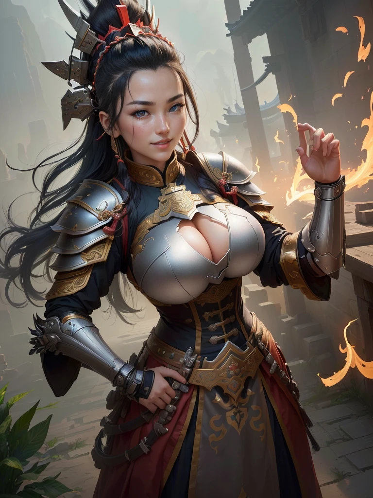 (a woman in armor with a helmet with mohawk), inspired by Li Kan, guan yu, inspired by Hu Zaobin, inspired by Huang Shen, inspired by Huang Ding, inspired by Wu Bin, bian lian, inspired by Li Gonglin, chinese three kingdoms, inspired by Li Cheng, genghis khan, inspired by Pu Hua, Highly detailed CG unit 8k wallpaper, masterpiece, High resolution, highest quality, highest quality real texture skin, Super Real, Digital Painting, Best image quality, 最High resolution, 8k, (((Highly detailed eyes and face, Beautiful eyes every detail))), disproportionate breasts, huge breasts, sagging breasts, gigantic breasts, grin, black hair,