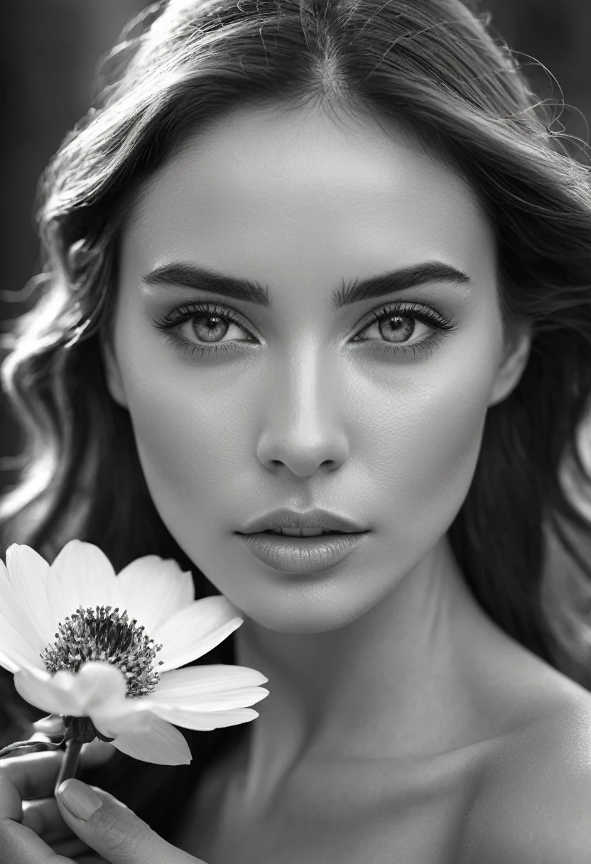 A black and white photo in raw format, zooming in on the intricate details of a woman's face, revealing the delicate lines of her skin and the depth of her expressive eyes. Frame the shot with a solitary striking flower, delicately held in the woman's hand, adding a touch of softness and femininity to the composition, enhancing the dramatic contrast and textures of the monochrome image.