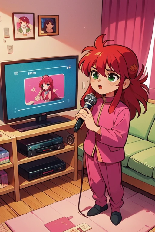 (masterpiece, Highest quality), One boy, flower, Long Hair, Redhead, Green Eyes, Contrasting, pink , pink uniform, Karaoke machine wired, sing, Grab the microphone, TV subtitles, Manga Bookshelf, sofa, carpet, Poster, curtain, Wooden floor, 