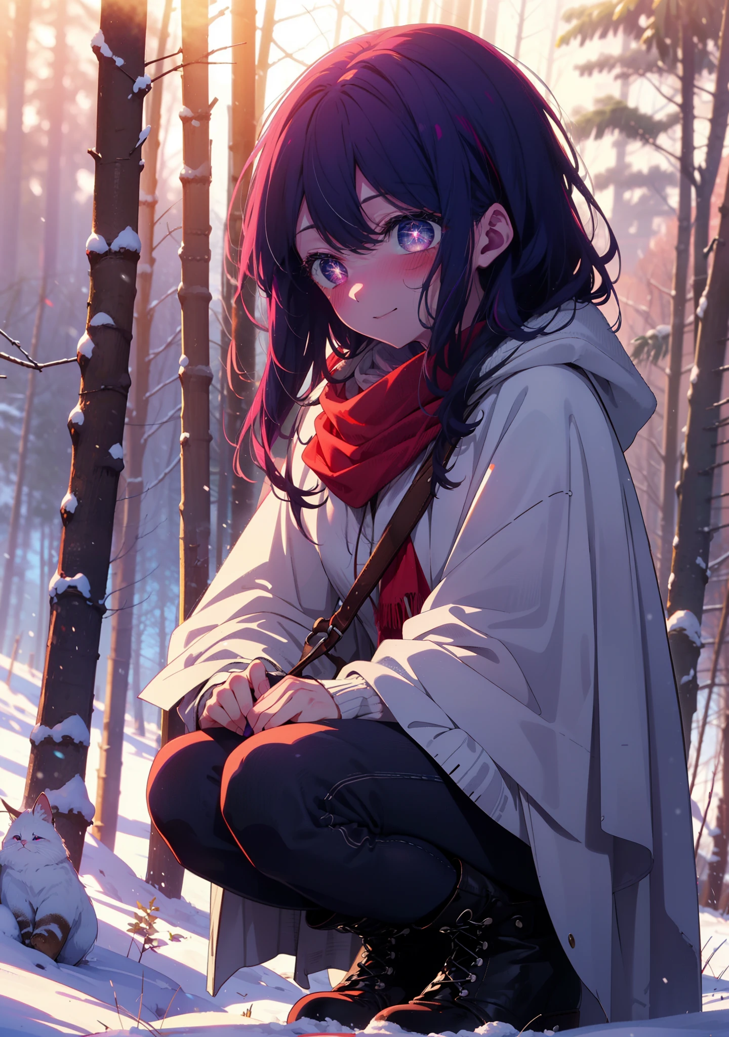 aihoshino, Ai Hoshino, Long Hair, bangs, (Purple eyes:1.1), Purple Hair, (Symbol-shaped pupil:1.5), smile,,smile,blush,white breath,
Open your mouth,snow,Ground bonfire, Outdoor, boots, snowing, From the side, wood, suitcase, Cape, Blurred, , forest, White handbag, nature,  Squat, Mouth closed, Cape, winter, Written boundary depth, Black shoes, red Cape break looking at viewer, Upper Body, whole body, break Outdoor, forest, nature, break (masterpiece:1.2), Highest quality, High resolution, unity 8k wallpaper, (shape:0.8), (Beautiful and beautiful eyes:1.6), Highly detailed face, Perfect lighting, Extremely detailed CG, (Perfect hands, Perfect Anatomy),