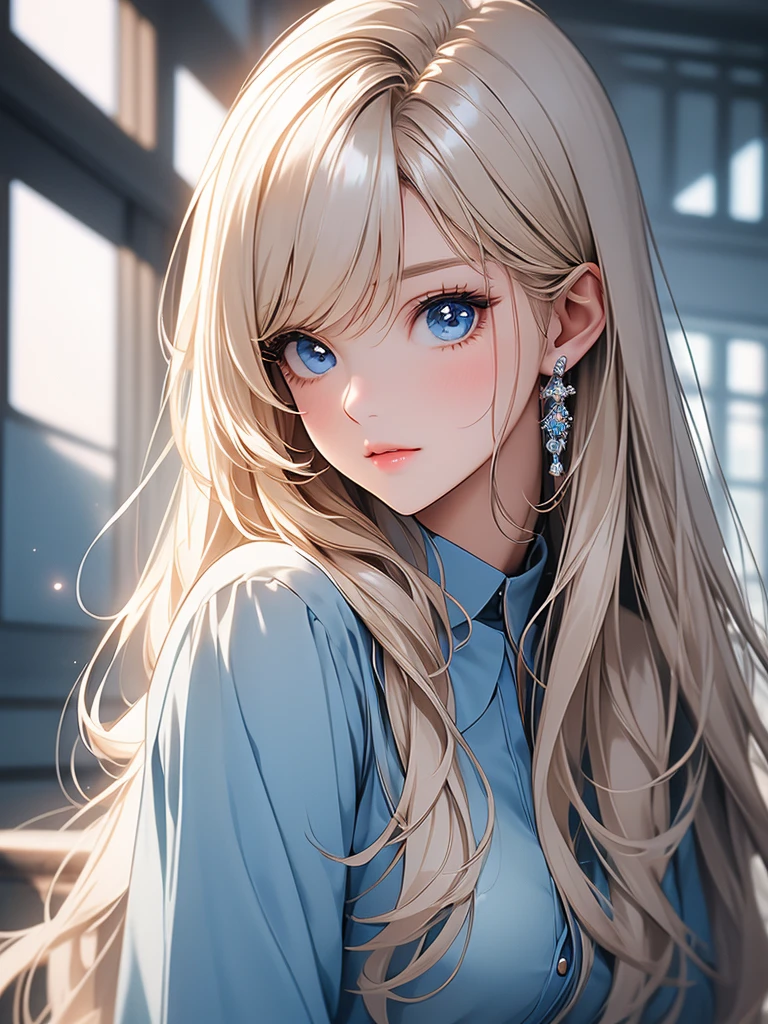 Beautiful white and shining skin、Blonde hair color that changes depending on the light、Long bangs between the eyes obstruct vision、Shiny highlights on cheeks、Sexy and very beautiful lovely cute gorgeous face、the most beautiful face in the world、Super long gorgeous spare blonde hair、smooth straight hair、big breasts, Huge, bright, light blue eyes、beautiful bangs、beautiful cute girl.small face beauty、cheek gloss highlight